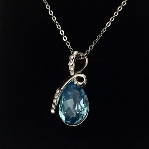 Silver Teardrop Ocean Blue Crystal Necklace